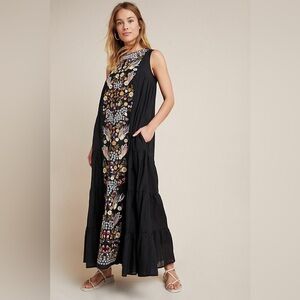 Anthropologie Samant Chauhah Jacaranda Black Embroidered Tiered Maxi Dress